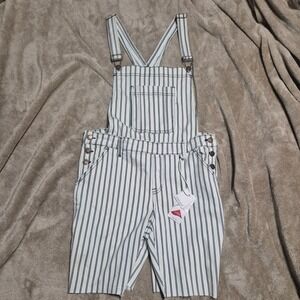 Judy Blue Striped Denim Shortall Overalls White Blue Raw Hem JB88222 Large